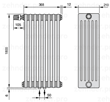Схема (чертеж) Радиатор Zehnder Charleston 6180/8 №V007 Белый глянцевый RAL 9016